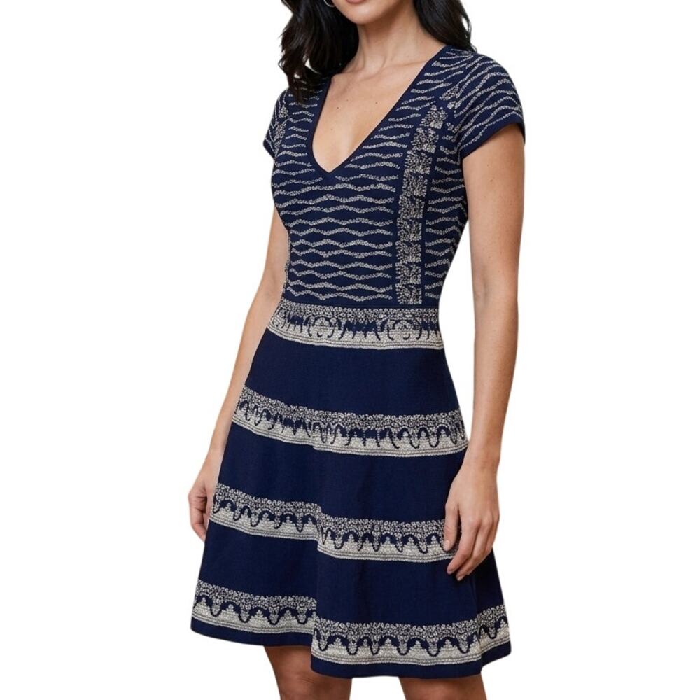 WOW Couture Metallic Knit Fit & Flare Dress Women's XL Navy Gold Cap Sleeve